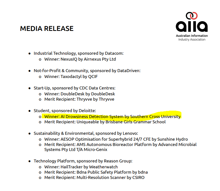 Excerpt from the AIIA 2026 QLD iAwards media release listing Student category Winner: AI Drowsiness Detection System by Southern Cross University