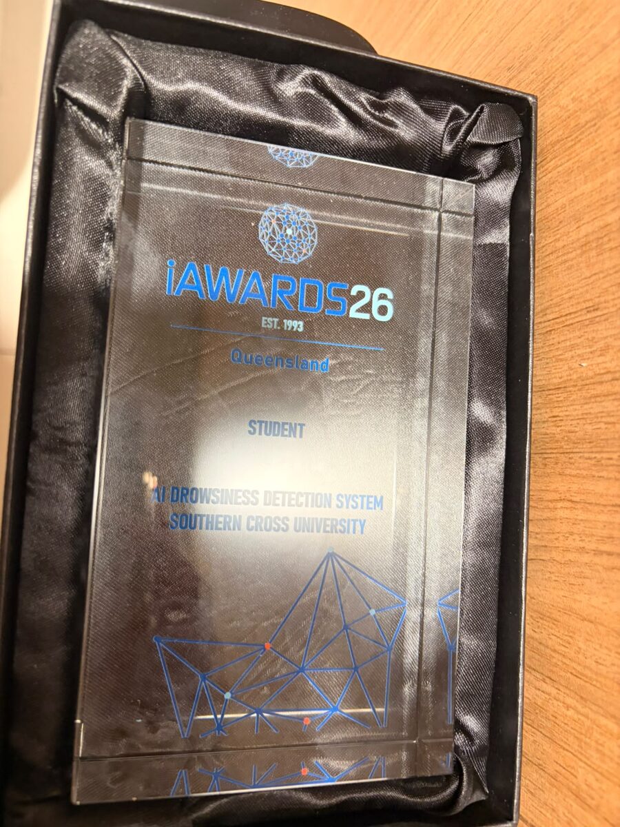 iAwards 2026 Queensland trophy engraved with Student, AI Drowsiness Detection System, Southern Cross University